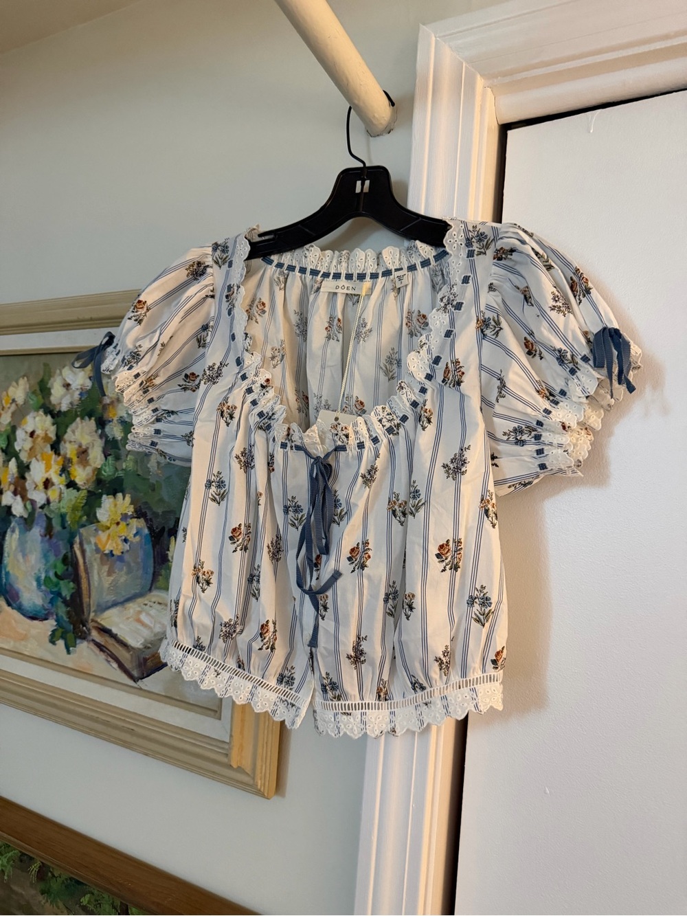 Doen Nera Top in Cream with Blue Stripes and Floral Print - Picture 5 of 6